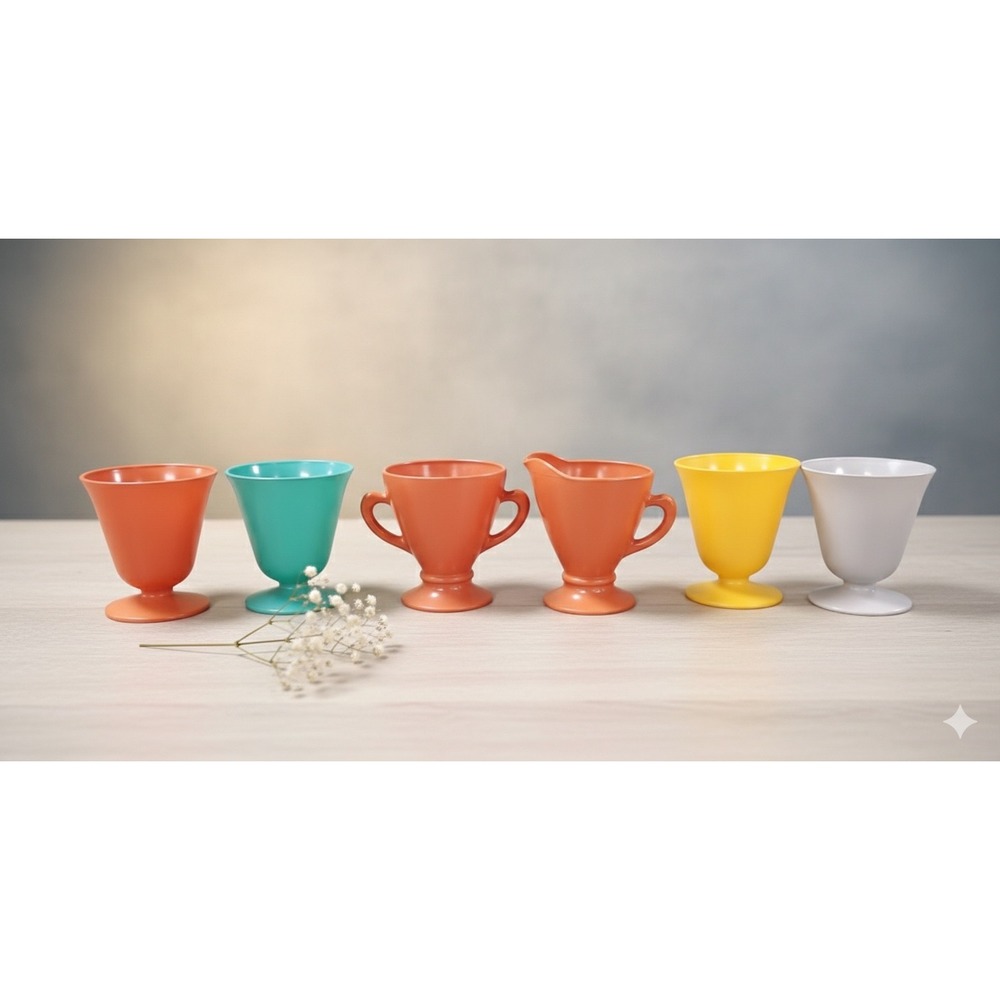 Hazel Atlas Vintage Moderntone Milk Glass‎ Set 6pc Creamer Sugar Cups Colorful